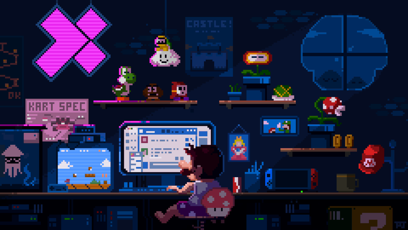Pixel art Mario-themed cozy gaming setup representing safe and fun public network sharing community